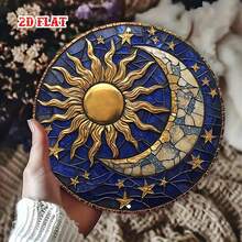 2D Flat - One-Piece 2D Flat Moon Theme Decorative Sign, Circular Design, Sun Shaped Plaque, Rustic Metal Wall Art With Stars, Suitable For Home, Garage, Restaurant Or Cafe Wall Decor - A - View 3