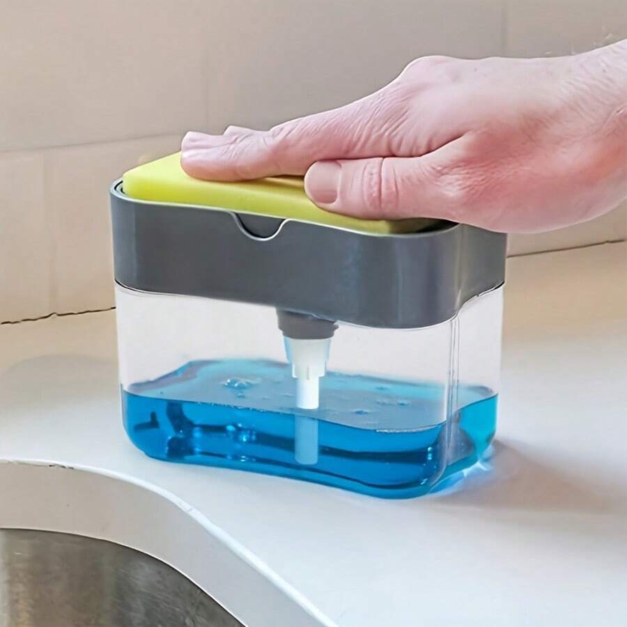 1 Set Kitchen Soap Dispenser - Easy To Refill Liquid, With Sponge Brush Holder, Transparent Design