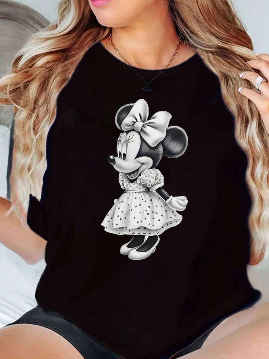 Minnie Mouse Classic Cartoon Print Disney Women T Shirt Round Neck Short Sleeve Casual Daily Wear Summer Outfit Soft Comfortable 220g - 黑色 - 查看 1