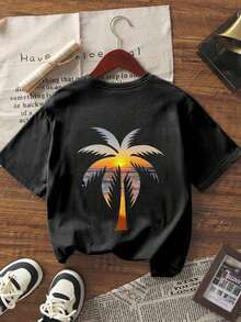 Camiseta de manga corta con estampado de cocotero azul para niñas adolescentes, top de verano para niñas para visitas a la playa. - Blanco - Ver 3