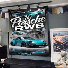1pc Bosozoku RWB Wide Body Modification Version Tapestry, Japanese JDM Icon "No Rules Build" Design, Blue & Green Sports Car Print With "RAW * WIDEBARV" And "The Porsche RWB" Text, Street Racing Atmosphere Wall Hanging Suitable For Car Enthusiasts Bedroom & Living Room Decor - RWB - View 4