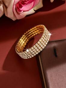 1pc 4-Row/3-Row/2-Row/1-Row Crystal Tennis Bracelet, Shiny Elastic Bangle, Crystal Sparkling Wristband, Wedding Bridal Jewelry, Valentine's Day Gift - Gold - View 2