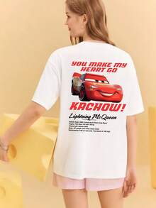 Cars Movie Lightning McQueen Couple T, Disney Cotton T-Shirt - 白色女 - 查看 2