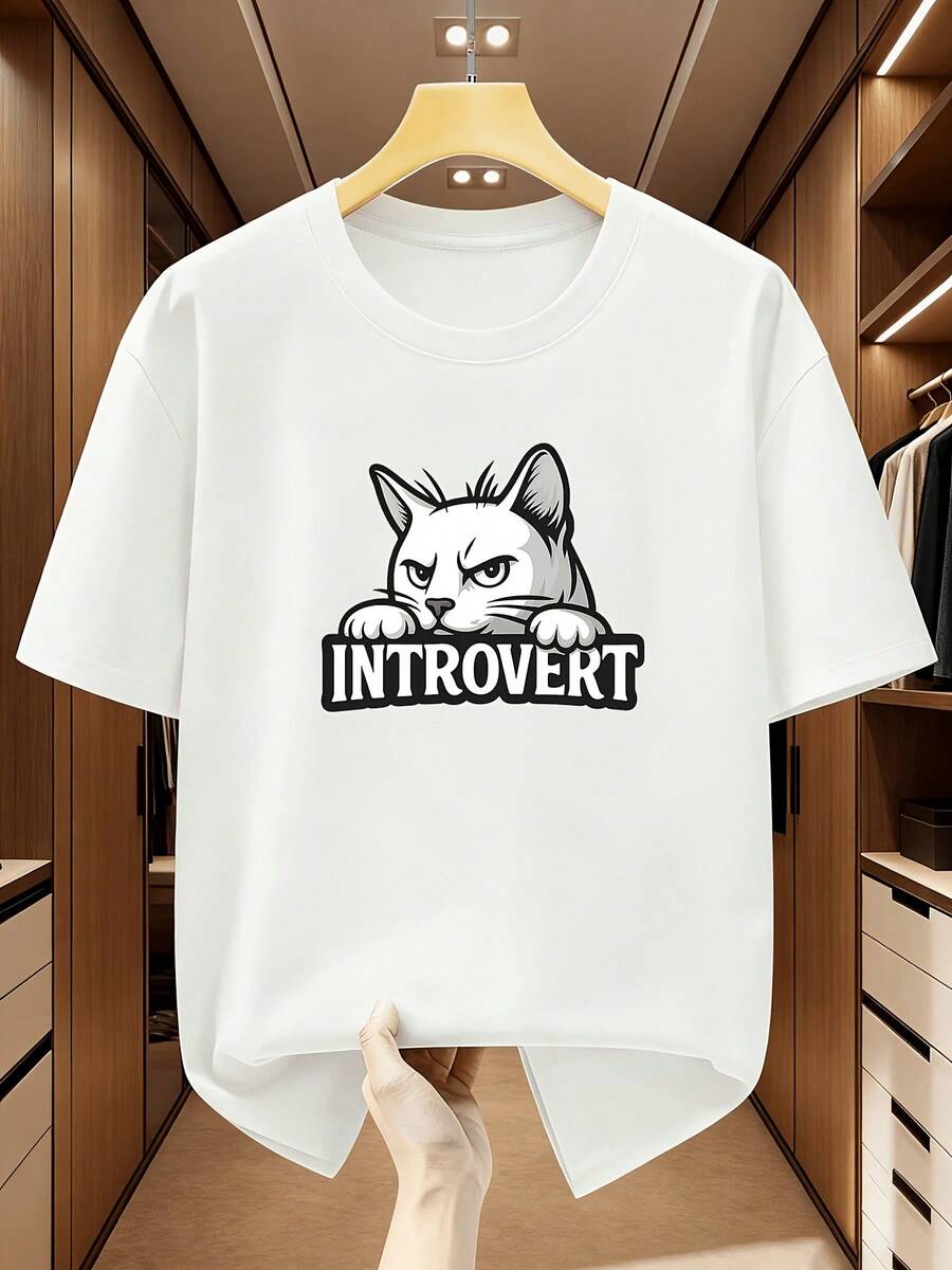 Camiseta de manga corta con estampado de gato blanco asomándose, diseño cute y casual ideal para amantes de mascotas - Blanco - Ver 1