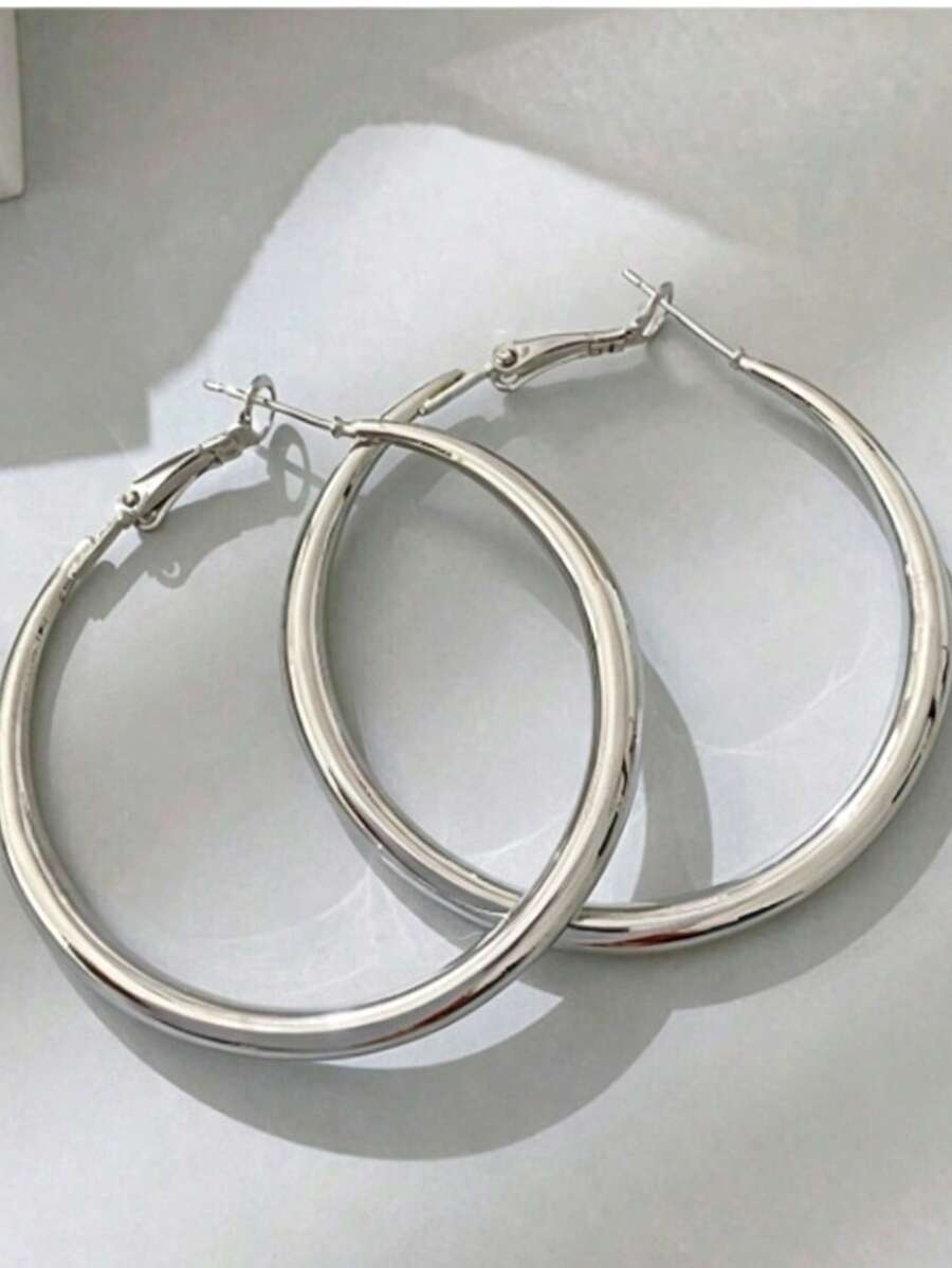 1 Đôi Bông Tai Vòng Sắt Phù Hợp Cho Phụ Nữ Đeo Hàng Ngày - Bạc - Xem 1
