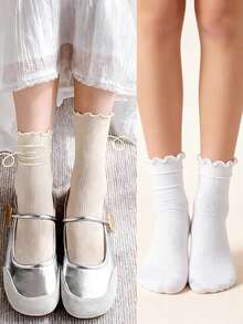 1 Pair White Thin Striped Ruffle Short Socks, High Elasticity Soft Breathable, Sweet Lolita Style, Perfect For Daily Casual Dating Lolita Outfits - Multicolor - View 16