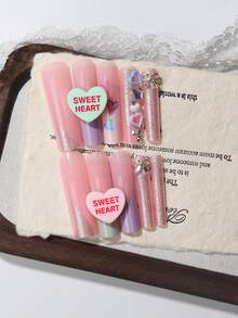 24pcs Y2K Style Extra Long Coffin Nail Tips, Colorful Sweet Girl Macaron Candy Heart 3D Decor Super Long T-Shape Wearable Nails, Colorful Gift Box Set Includes 1 Nail File + 1 Buffing Block, Dopamine Sweet Girl Nail Stickers - Multicolor - View 2