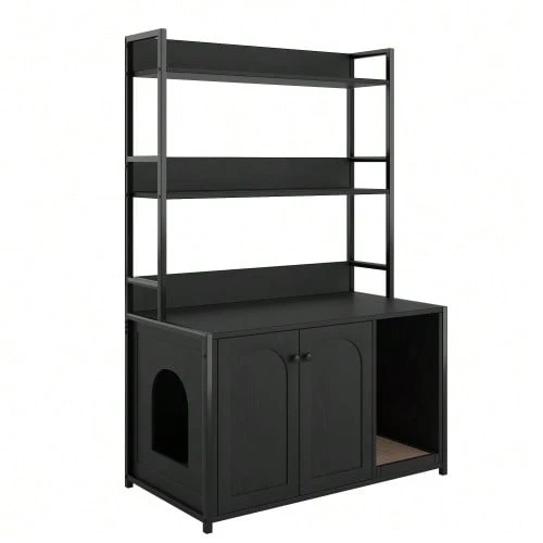 Large Cat Litter Box With Storage Shelf, Concealed Cat Toilet Unit, Wooden Cat House With Scratching Post, Sturdy 2-Door Pet Furniture For Odor Control, Black - one-size - View 1