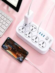 Multi-Contact Power Strip Extension With 4 USB Ports And 6 Outlets - White - View 8
