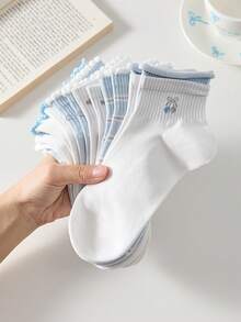 5 Pairs Women Cute Sweet White & Blue Bow, Heart, Cherry Print Short Socks, Student Socks, Comfortable Casual Creative Ruffled Socks, Random Colors, Suitable For Daily Wear All Seasons - Multicolor - View 10