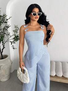 Conjunto de 2 piezas de blusa asimétrica con cuello de lazo a rayas azul y blanco y pantalones rectos informales para mujer, conjunto de vacaciones de verano en azul claro y azul bebé para mujer - Azul - Ver 7