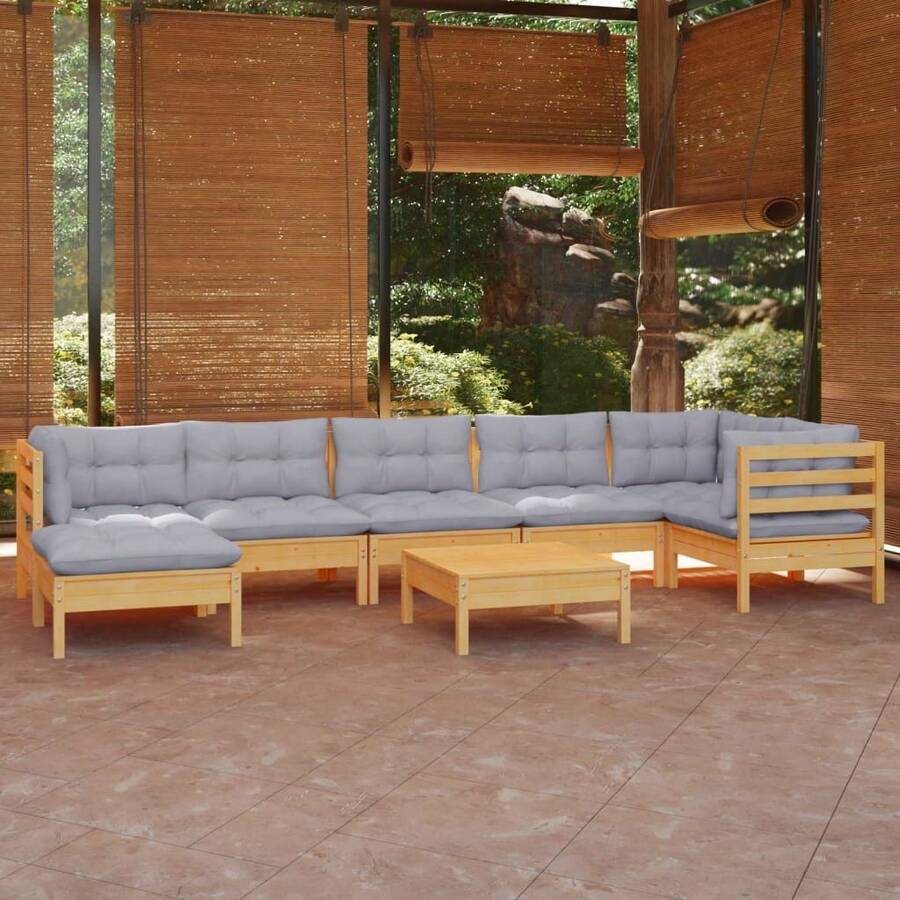 8-tlg. Garten-Lounge-Set mit Grauen Kissen Kiefer Massivholz - C - Übersicht 1