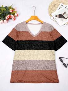 Women's Plus Size Striped V-Neck Casual T-Shirt Top, Summer - Brown - View 2