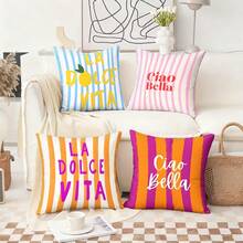 4pcs Italian Summer Striped Pillow Covers, Sofa Decorative Cushion Covers, Machine Washable, Multiple Sizes Available, Printed With "Ciao Bella" Lemon Pattern (Double-Sided Print, Pillow Insert Not Included) - A - View 2