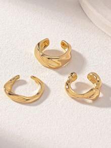 3pcs Minimalist Elegant Fashion Asymmetric Line Gold Ear Clips & Earrings Set - Gold - View 2
