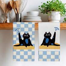 2pcs Cute Black Cat Checkered Pattern Kitchen Towels, 40*60cm Microfiber Dish Cloths, Cleaning Rags, Hand Towels, Kitchen Decor, Housewarming Gift - Multicolor - View 8