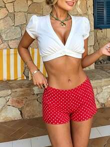 Women Casual Stylish Solid Color Decorative Button Super Crop Fit V Neck Short Sleeve Crop T-Shirt For Outdoor Beach Street Club Party Night Out Daily Vacation Summer Outfits Gift - Blanco - Ver 9