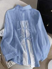 Women's Lightweight Lace Trim Semi-Sheer Layered Shirt, Fashion Designer Version, Suitable For Spring, Summer And Autumn, Machine Washable, Boho-Chic - Blue - View 7