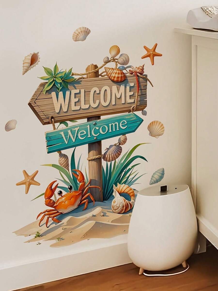 1pc 2D Flat Printed Welcome Sign With Crab, Seashell, Starfish, Seaweed, Wall Sticker, Creative DIY Self-Adhesive Removable Double-Sided Visible PVC Decal For Living Room, Bedroom, Door, Window, Glass Decoration - D - View 1