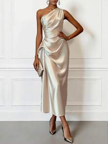 Women's Elegant Spring/Summer Satin One-Shoulder Midi Party Dress, Solid Color Pleated Evening Gown For Wedding Guest Formal Occasions, Suitable For Mother's Day - Apricot - View 6
