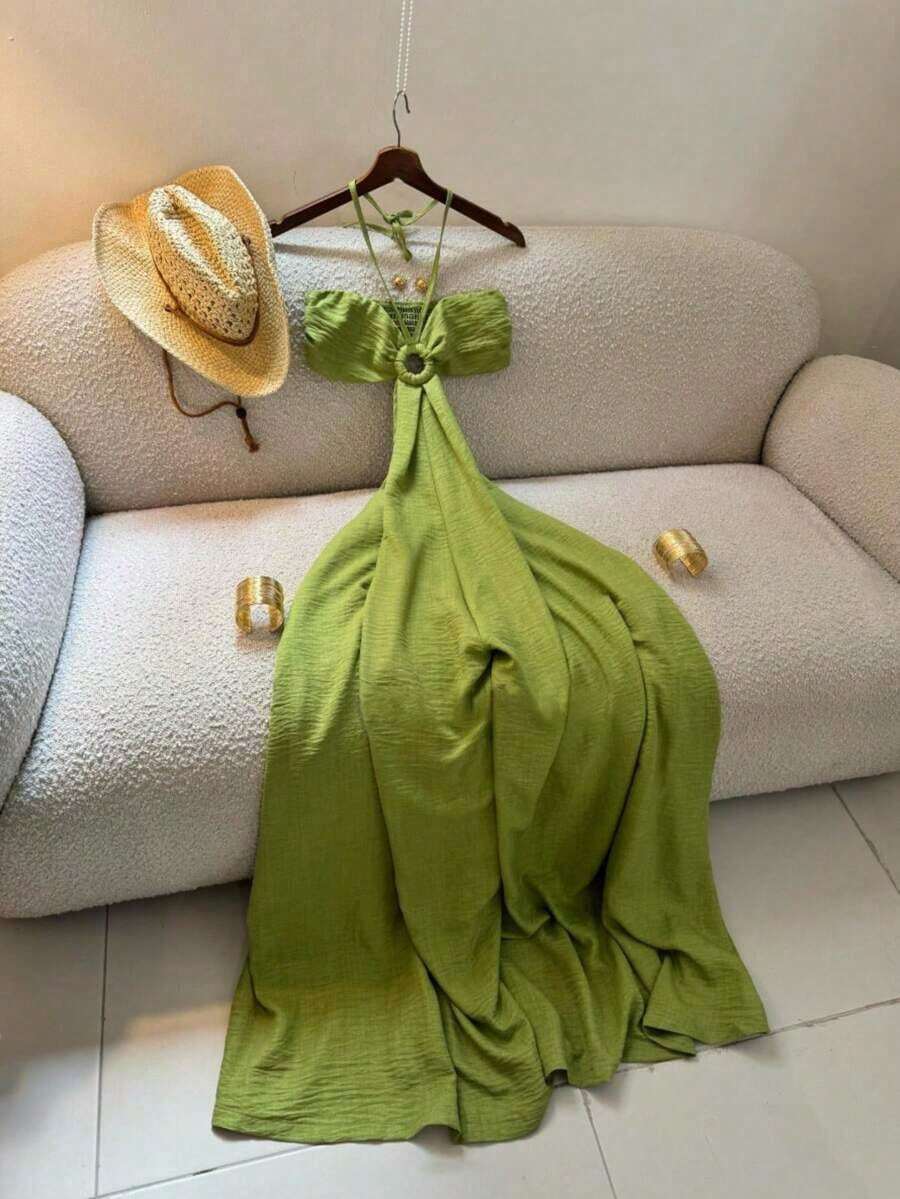Vestido midi de estilo vacacional para mujer, vestido con tirantes de espagueti, estampado, espalda descubierta y calado, elegante para fiestas de verano - Verde Oliva - Ver 1