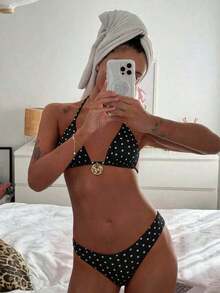 Swim Mod Conjunto de bikini de mujer con tirantes finos, unicolor y decoración metálica, sexy, para verano - Multicolor 9 - Ver 4