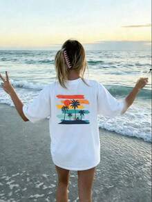Casual White Cotton T-Shirt With Back Graphic, Matching For Couples, Soft And Comfortable For Beach And Outdoor Activities, Available In Sizes S To -Tee - White - View 7