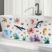 海洋水下生物裝飾貼紙，包含鯨魚、海龜、章魚、水母、海馬、小丑魚、貝殼、珊瑚及其他圖案。這些可移除的 PVC 牆貼非常適合裝飾兒童浴室、育嬰室、幼兒園教室、客廳和臥室。 - 均碼 - 查看 4