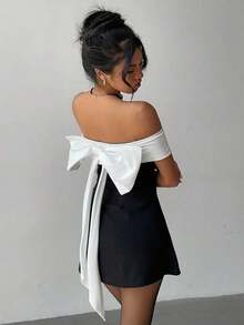 dfgAloruh Vestido de escote caído negro y blanco con moño, estilo Fairycore para el Día de San Valentínafd BPIX - Blanco y Negro - Ver 3