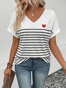 Camiseta casual y versátil para primavera/verano con cuello en V, puños acampanados y estampado degradado en forma de corazón - Multicolor 5 - Ver 4