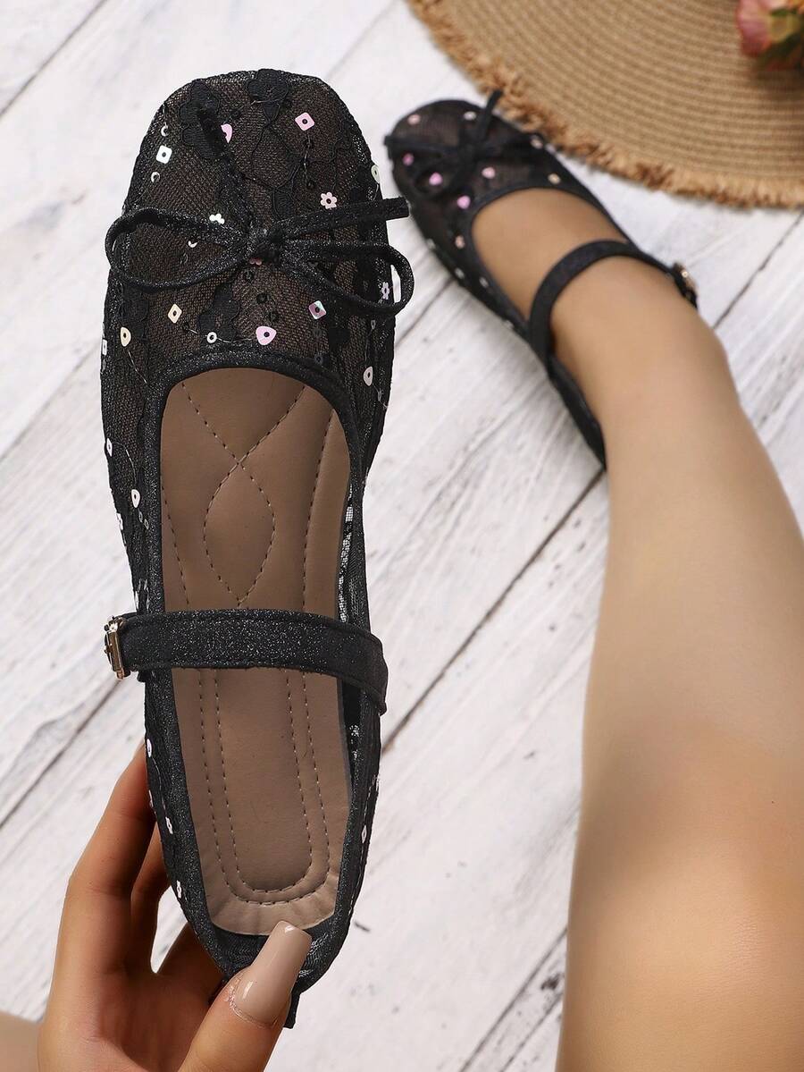 New Women's Buckle Bow Square Toe Mesh Mary Jane Lace Flower Flat Shoes, Solid Color, Fashionable, Elegant, Vacation, Bohemian, Casual, Floral Flat Shoes, Party, Summer - Black - View 1