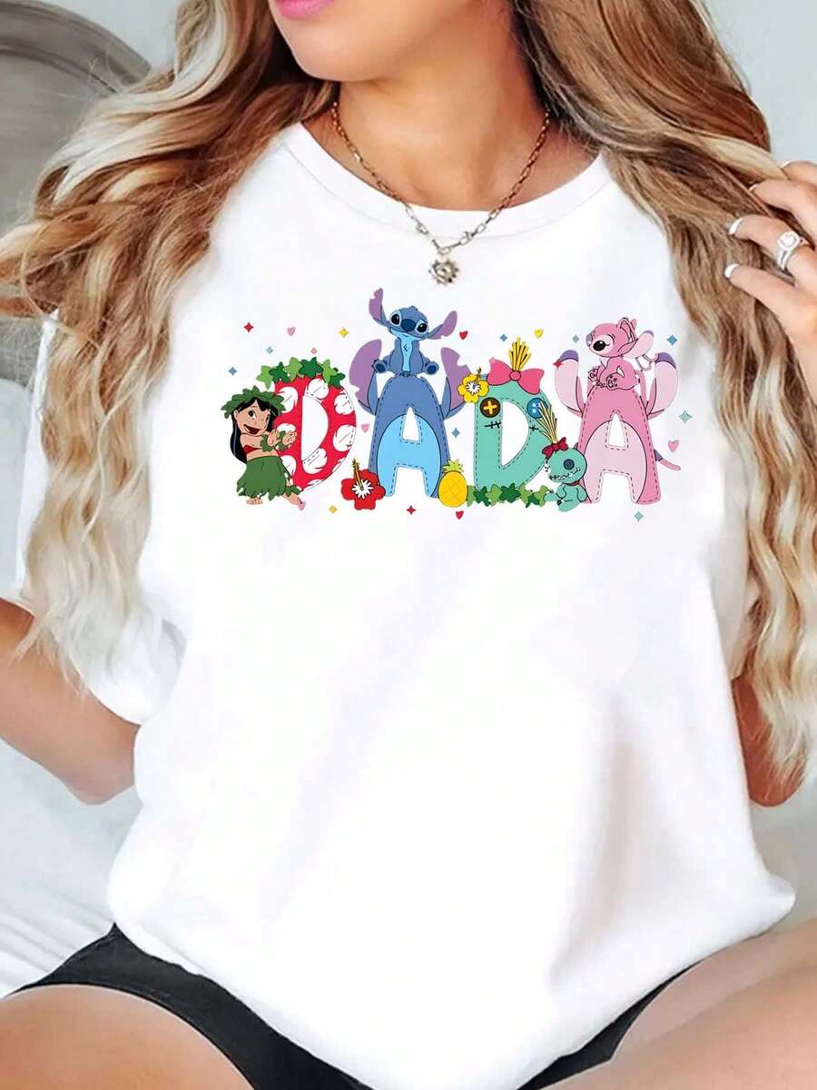 Stitch And Lilo Dada Print Disney Women T Shirt Round Neck Short Sleeve Casual Summer Wear For Father S Day Soft Comfortable 220g - trắng - Xem 1