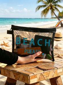 Borsa da spiaggia in rete con la scritta "Beach_please", pochette cosmetica portatile per rossetti e cuscinetti, borsa da toilette con design costiero, organizer da viaggio per il trucco trasparente e spaziosa, borsa da spiaggia in stile hawaiano perfetta per le vacanze al mare, borsa della spesa portatile, ideale per vacanze, fitness, regali per la festa della mamma, San Valentino, insegnanti e donne in viaggio, brevi viaggi e necessità di viaggio - Multicolore - Visualizzare 15