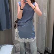 Minivestido de satén de seda con retazos de encaje para mujer High-Street Chic - Nueva colección Otoño/Invierno 2025 - azul cielo - Ver 2