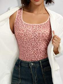 2pcs Women Leopard Print & Solid Color Elastic Rib Knit Camisole, Round Neck Sleeveless Tank Top, Casual Basic Vest - Multicolor - View 3