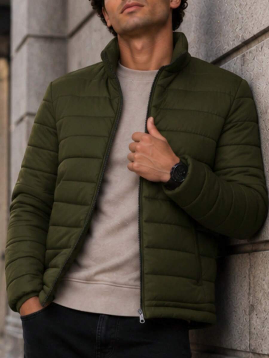 Men's HPC Polo Fleece Puffer Jacket, Warm, Casual, Basic, No Hood, Youthful And Modern Style, Ideal For Winter Or Cold Weather - 軍綠色 - 查看 1