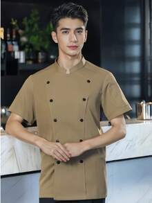New Fashion Chef Uniform Khaki Short Sleeve High-End Hotel Restaurant Kitchen Bakery Coffee Shop Apparel Washable Non-Fading Non-Pilling Non-Shrinking Non-Deforming 3D Skin-Friendly Breathable Exquisite Custom Buttons Fashionable Elegant - Khaki - View 2