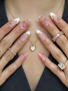 24 piezas de pegatinas de uñas con forma de almendra minimalista nude estilo francés, diseño floral 3D, textura de concha francesa blanca con acentos de cuentas doradas, estilo suave y elegante, ¡ajuste perfecto para hacer que tus dedos brillen y cautiven! Adecuado para niñas y mujeres para uso diario, citas y fiestas de uñas - Multicolor - Ver 1
