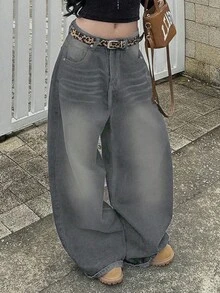Retro High Street Washed Gray Denim Jeans, Women's Fashion Design Straight Loose Casual Wide Leg Pants, New Autumn Collection - Grey - View 5