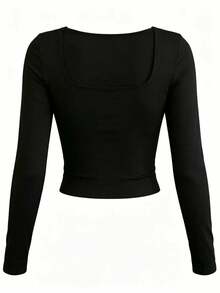 Women's Black Square Neck Long Sleeve Top, Slim Fitted Casual Basic Tee - Black - View 5