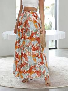 Women's Wide Leg Trousers With Elastic Waist And Print - Orange-red Flower - View 4