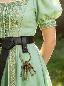 1pc Black Faux Leather Belt Key Holder With Rivets, Comes With 5 Bronze Skeleton Keys, Medieval Renaissance LARP Keychain, Costume Prop - A - View 2