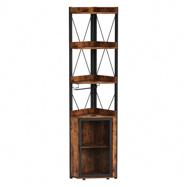 Industrial Freestanding Corner Bar Cabinet with Glass Holder – 4-Tier Wine Rack – Adjustable Shelves – Liquor Storage Sideboard for Home Bar or Dining Room – Anti-Tipping Design – Vintage Finish