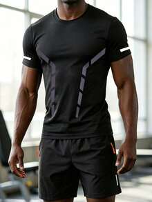 Men's Summer Cool Elastic Ice Silk Short Sleeved Ice Silk Quick Drying Sports Shorts Set Suitable For Fitness Running Training Outdoor Running Wear - Black - View 5