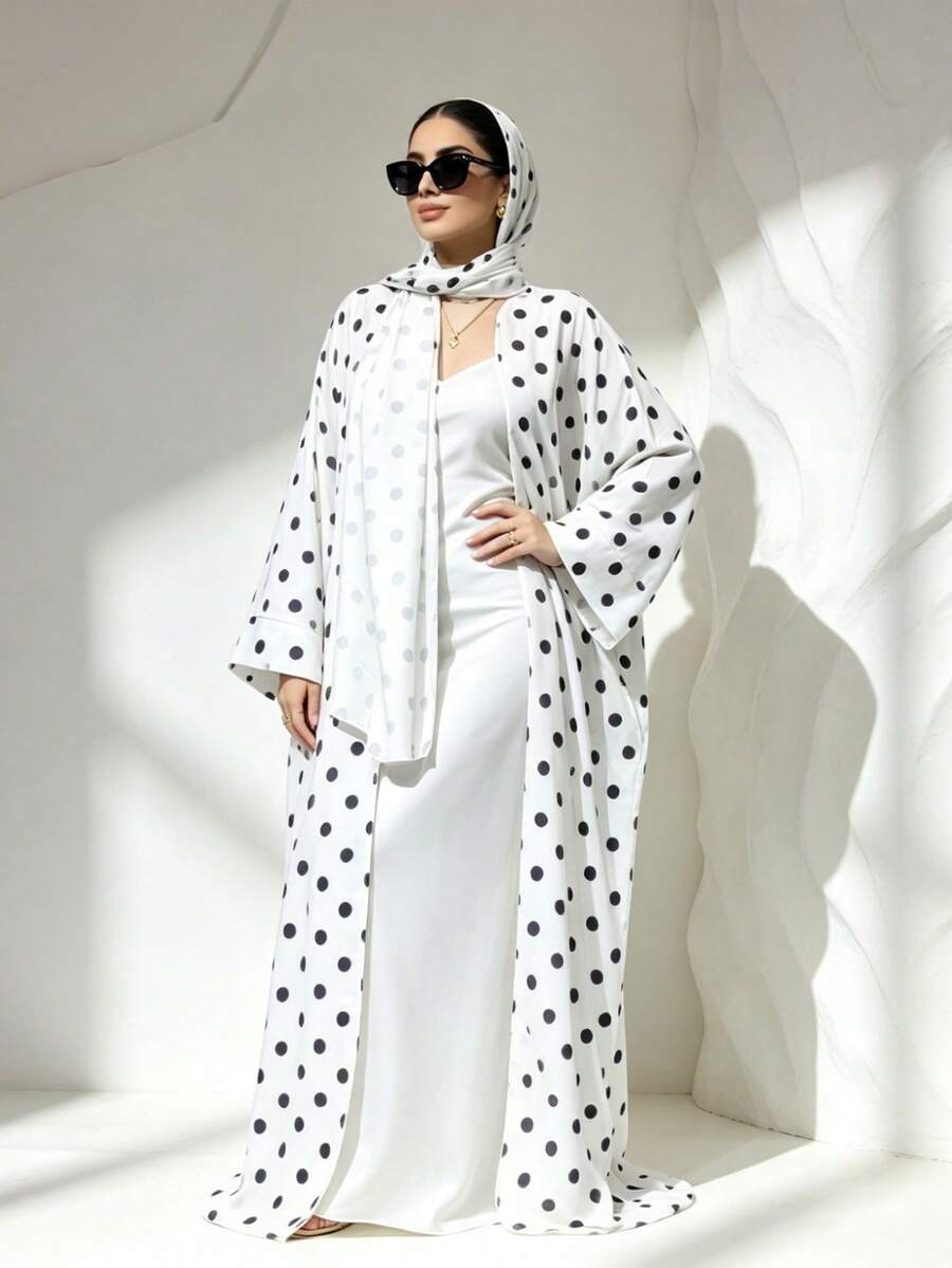 Bộ 1 món gồm khăn trùm đầu và áo choàng Abaya in họa tiết chấm bi, thiết kế cổ điển đa năng, phù hợp cho phụ nữ Hồi giáo mặc hàng ngày và cầu nguyện, thích hợp cho mọi mùa. - Nhiều màu - Xem 1