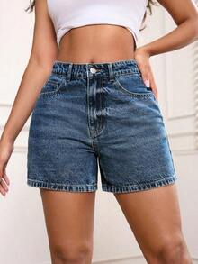 PETITE Pantalones cortos vaqueros de mujer simples y de moda, apropiados para el verano - Azul lavado oscuro - Ver 11