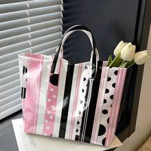 Striped & Polka Dot Print Tote Bag, Glossy PVC Waterproof Handbag, Retro Geometric Casual Shoulder Bag, Large Capacity Reusable Tote For Women, Work, Beach, Daily Shopping - 粉色 - 查看 1