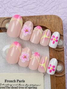 24入短杏仁形人造指甲，夏季風格，粉色紮染漸變至黃色，3D花瓣法式，水滴效果，漸層指尖，可愛壓克力材質，貼片式，凝膠美甲，美甲套組（含1瓶果凍膠與1個指甲銼條），適合女性日常約會與派對 - 彩色 - 查看 3