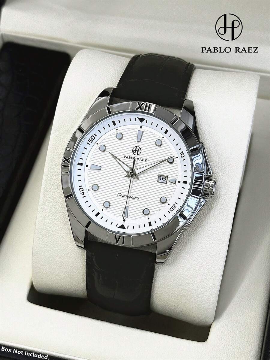 1pc Pablo Raez Business Classic Men's Watch, Luxury Original Stainless Steel Charming Men's Wristwatch, Silver Non-Oxidizing Large Dial, 50m Waterproof, PU Leather Soft Breathable Strap, Minimalist Calendar, Fashion Charm, High Quality AAA Top Brand New Men's Metal Steel Quartz Watch