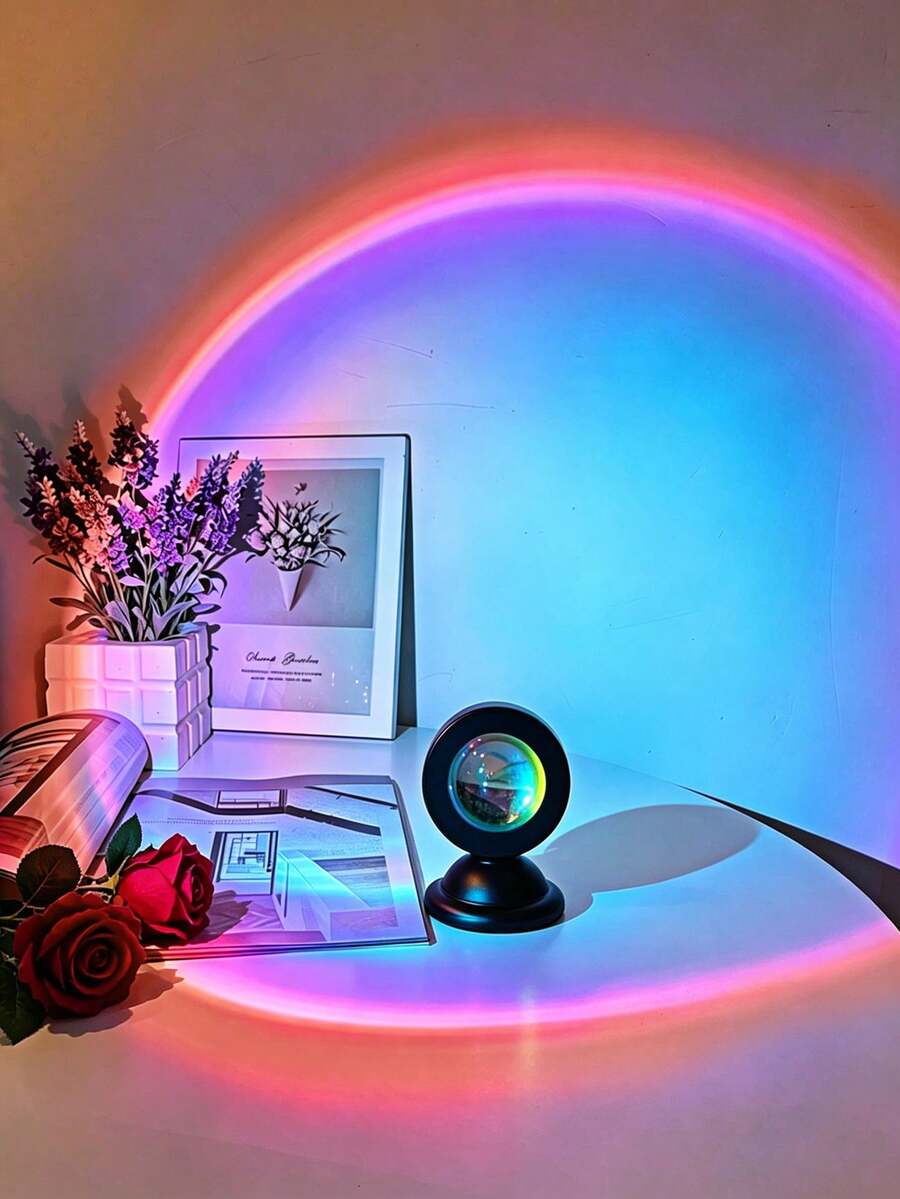 Rainbow Sunset Lamp, USB Powered Lighting Device, LED Light Beads, Blue Light And Shadow Effect, Compact Portable Design, Creative Atmosphere Lamp, Night Light, Suitable For Home, Bedroom, Living Room And Bedside Lamp - Black - View 1